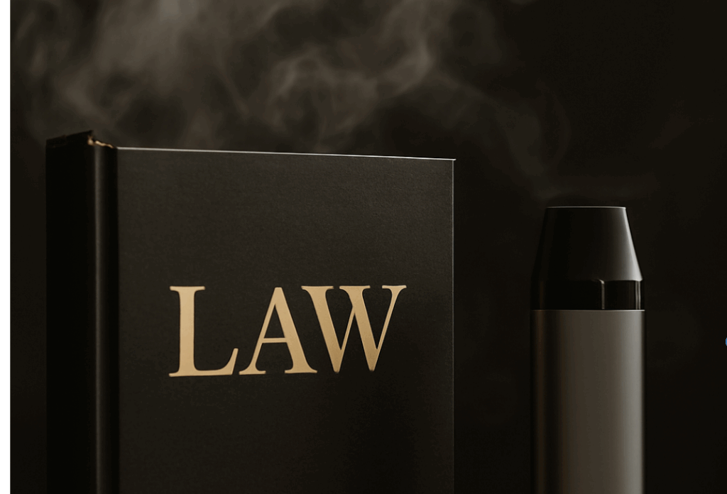 Smoke rising beside a law book and vape device – vaping laws in Canada visual concept