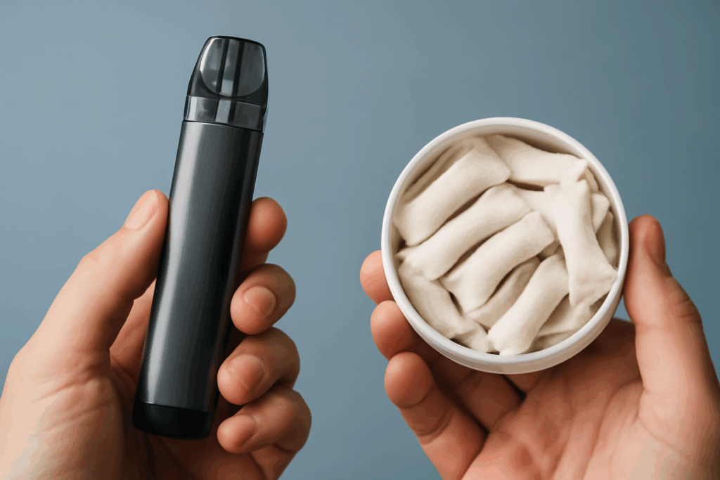 Vape vs nicotine pouch product comparison with soft blue background – smoke-free options Canada