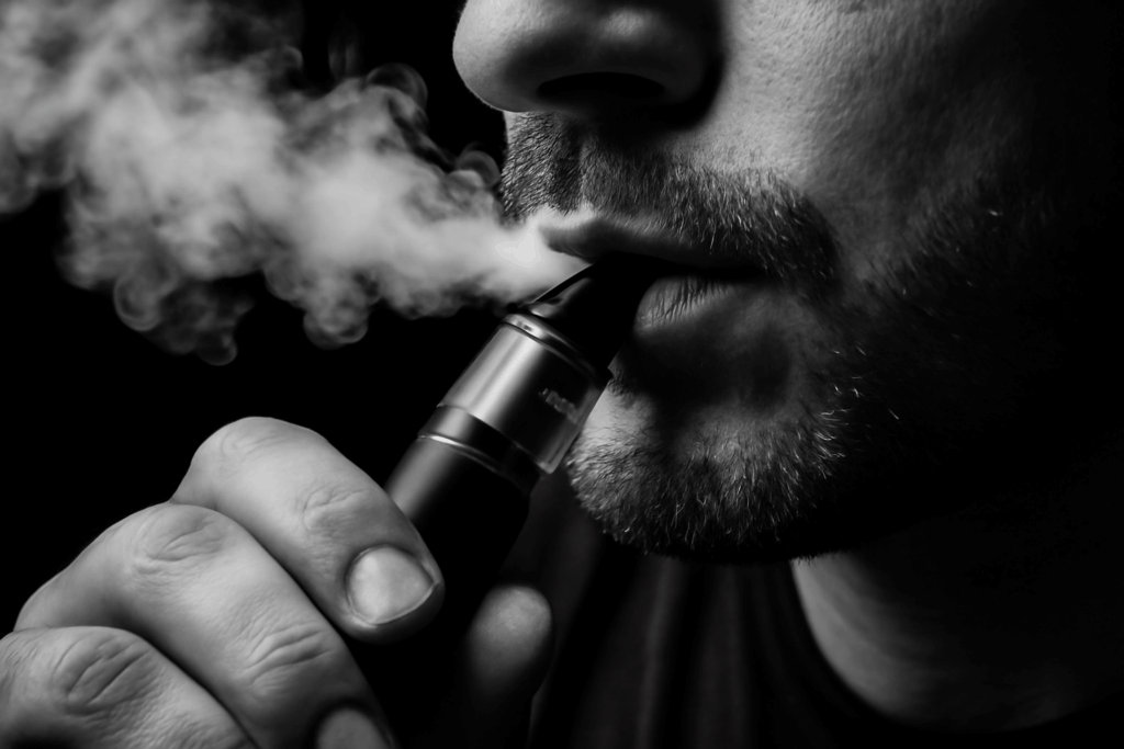 Close-up of a man vaping in black-and-white – vape smoke and device detail - How Vaping Works