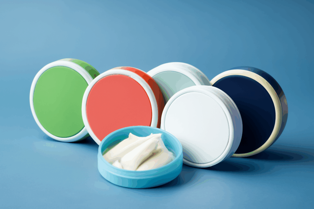 Colorful nicotine pouch canisters with soft white pouches on blue backdrop – flavor options visual