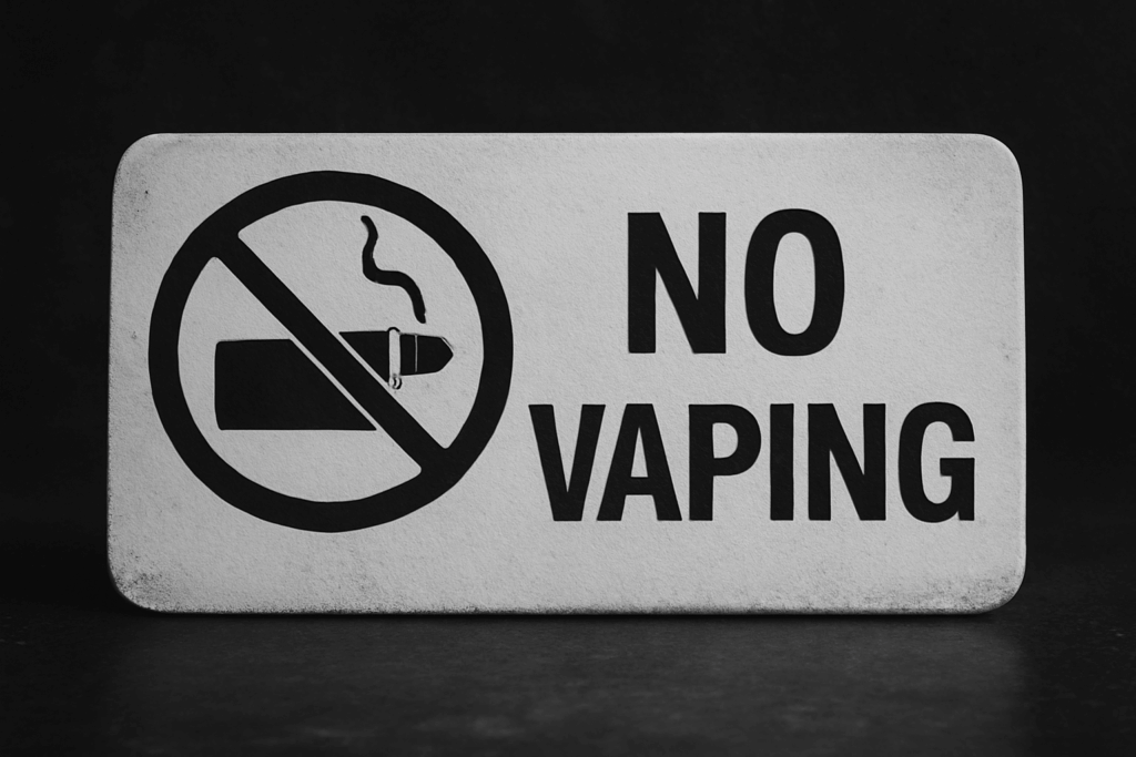 Realistic horizontal “No Vaping” sign with bold prohibition symbol on textured background – public space restrictions Canada