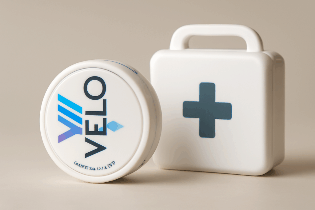 VELO nicotine pouch beside a white first aid kit on a soft beige background
