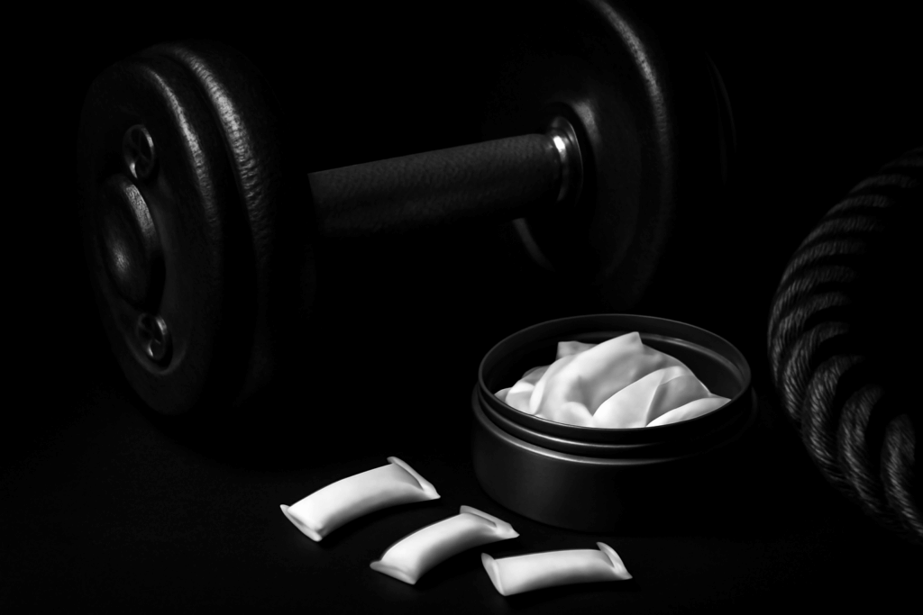 ZYN nicotine pouch can beside gym equipment including a dumbbell, kettlebell, and jump rope on a beige background
